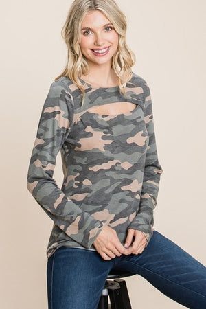Army Camo Printed Cut Out Neckline Long Sleeves Casual Basic Top