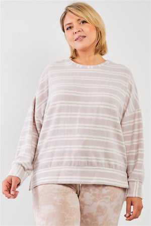 Plus Taupe & Ivory Striped Polyester Fleece Round Neck Dropped Shoulder Long Sleeves Uneven Relaxed Top