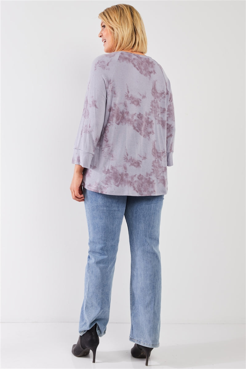 Plus Lavender Tie-dye Acid Wash Print Round Neck Long Sleeve Drop Shoulder Relaxed Sweatshirt Top