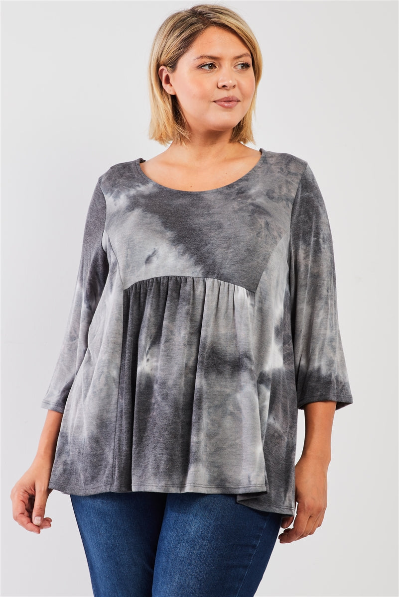 Plus Grey Multicolor Tie-dye Midi Sleeve Relaxed Flare Top