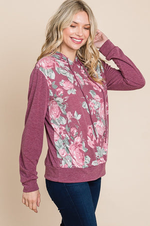 Floral Printed Contrast Hoodie With Relaxed Fit And Cuff Detail
