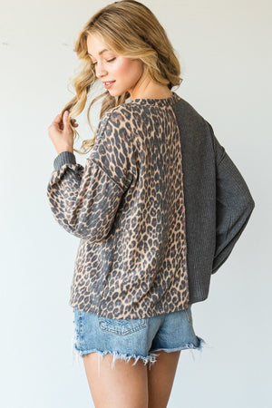 Unique Leopard Color Block Long Sleeve Top