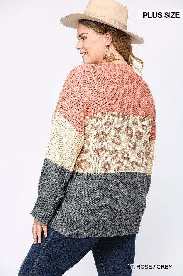 Color Block And Leopard Pattern Mixed Pullover Sweater