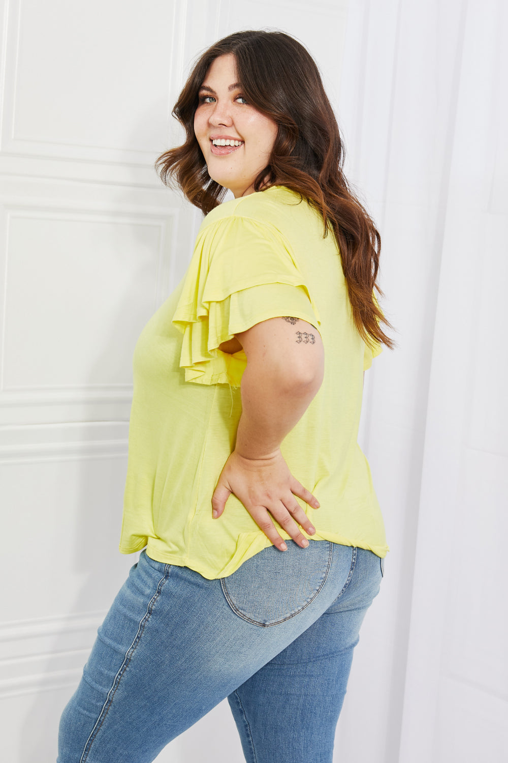 Culture Code Mi Amor Full Size Round Neck Ruffle Sleeve Top in Yellow